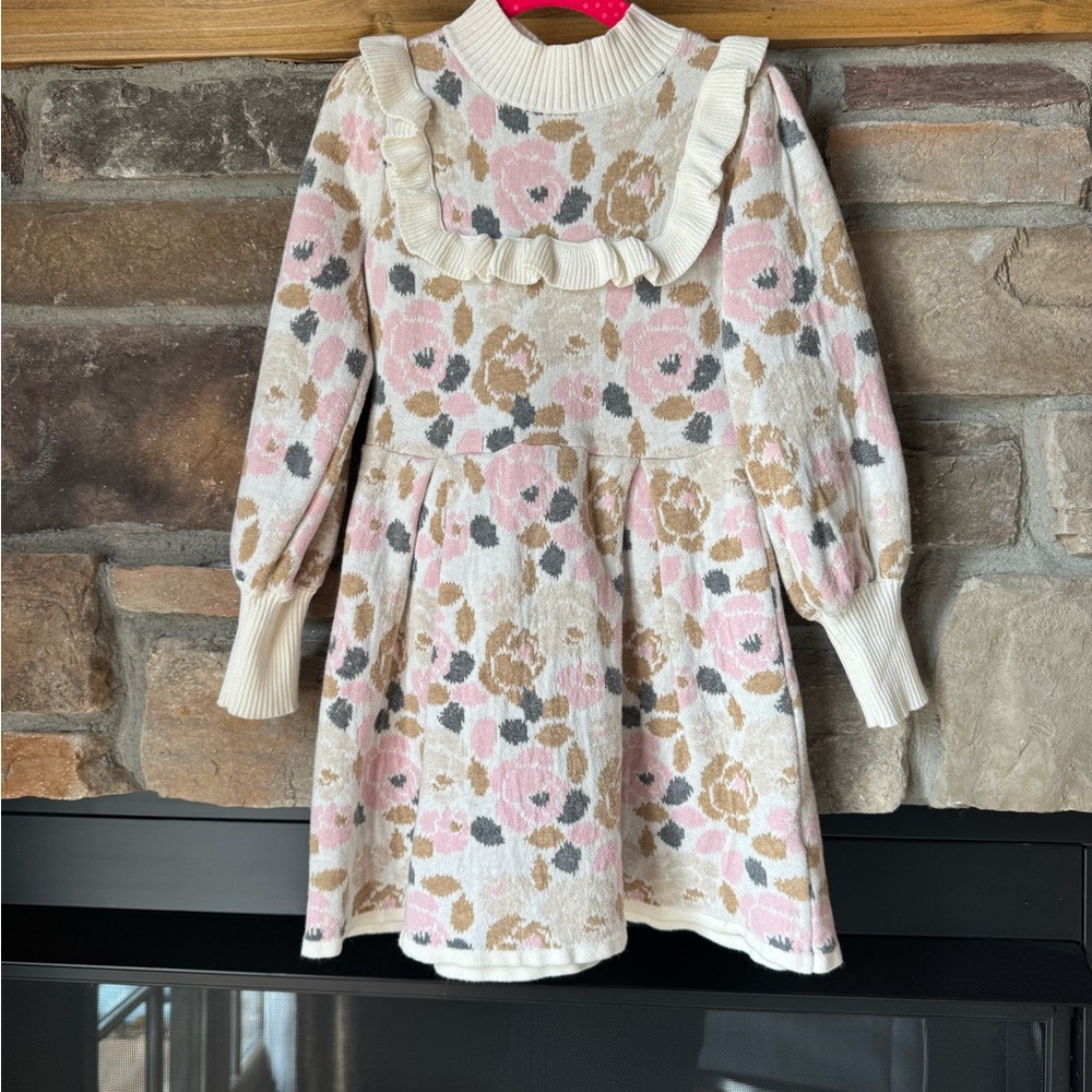 Floral Knit Kids Dress - Pink and Cream